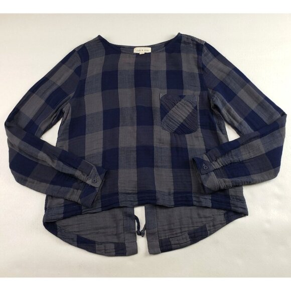 Cloth & Stone Buffalo Check Shirt Womens Gray Anthropologie Lace Up Tie Back Top - Picture 1 of 12